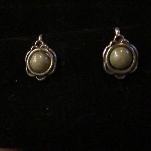 Vintage Silver Tone Clip on Earrings, Pale green Swirl Marbled Accent